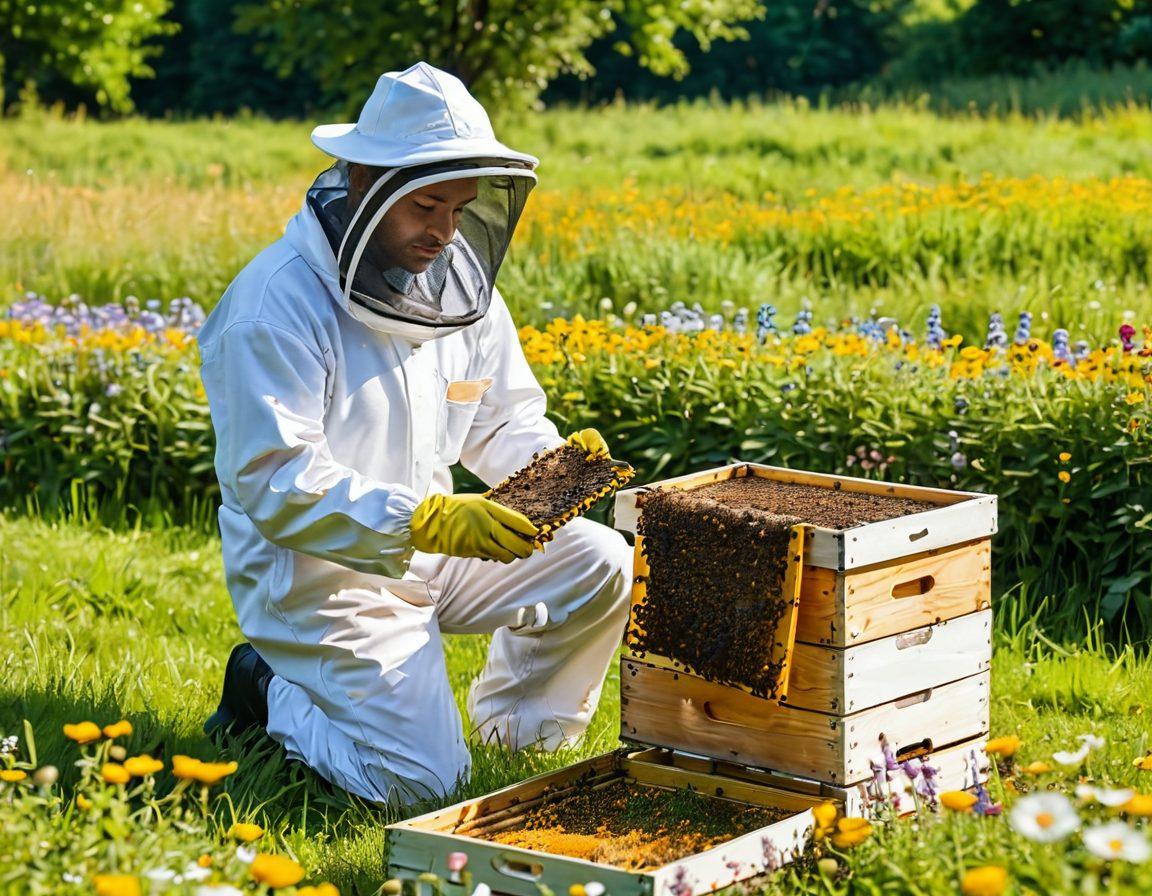 A serene countryside scene featuring a beekeeper in a white suit gently inspecting a hive surrounded by blooming wildflowers. Bees are visibly buzzing around, some hovering near the vibrant honeycombs, while the golden sunlight creates a warm and inviting atmosphere. The beekeeper holds a frame filled with glistening honey, symbolizing the sweet benefits of beekeeping. The lush green grass and colorful flowers set a peaceful backdrop.
super-realistic. vibrant colors. soft focus.