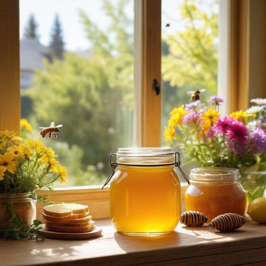 A warm, inviting kitchen scene with a glass jar of golden honey, a wooden honey dipper, and a variety of fresh ingredients like lemon, ginger, and herbs scattered around. In the background, a sunny window displays a beehive, surrounded by buzzing bees, and colorful wildflowers. Bright and cheerful atmosphere emphasizing natural health and culinary creativity. super-realistic. vibrant colors. soft sunlight.